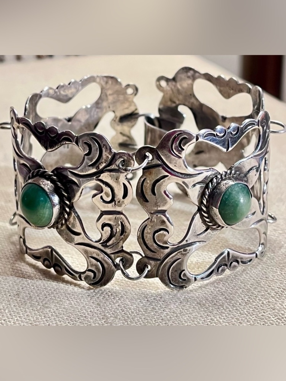 Handcrafted Vintage Sterling Silver Bracelet with Green Jade Stone Accents